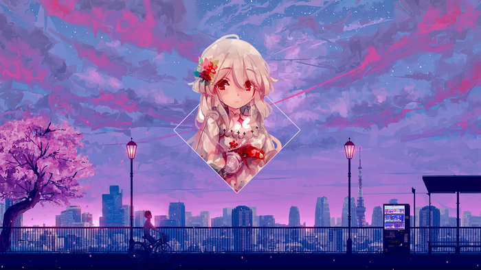 Anime girl in diamond frame over cityscape at dusk