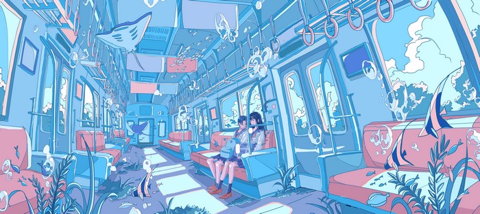Anime girls in school uniforms on an underwater train