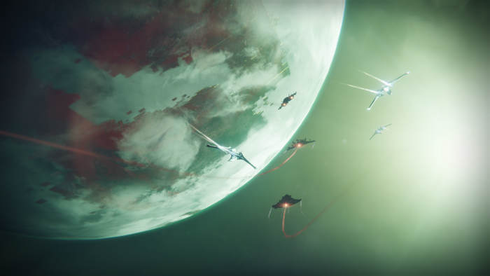 Spaceships flying near a planet in Destiny 2