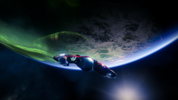 Spaceship flying near Earth with aurora