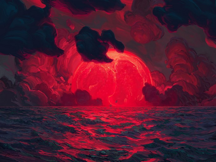 Red Sun Setting Over a Turbulent Ocean
