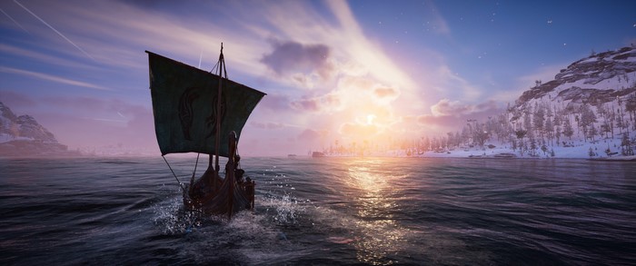 Assassin's Creed Viking longship sailing at sunset