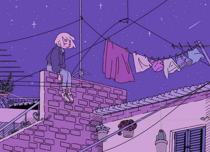 LoFi Vaporwave Night with Sad Character