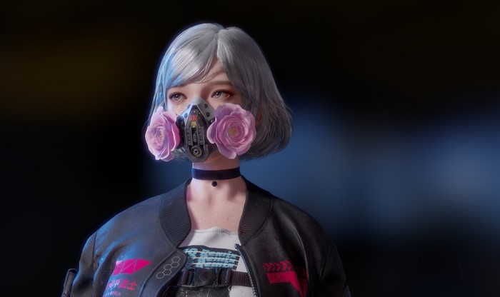 Fantasy girl with grey hair and gas mask with roses