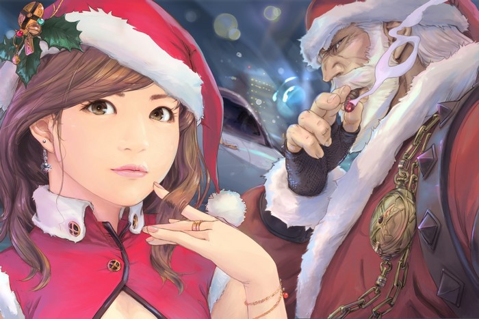 Girl and Santa Claus with cigars in a car