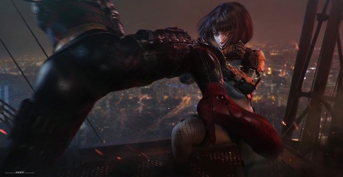 Cyborg woman fighting on a rooftop at night