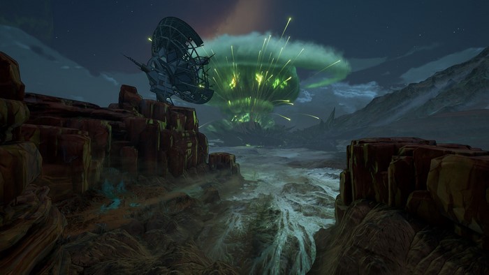 Borderlands 3 screenshot with explosion and satellite dish