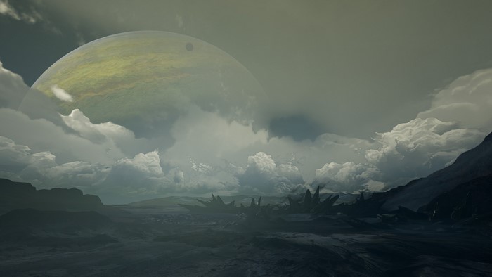 Alien planet landscape with large planet in sky