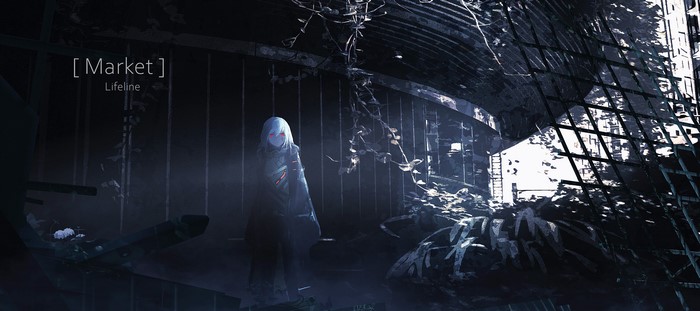 Anime girl with red glowing eyes in a dark, ruined market