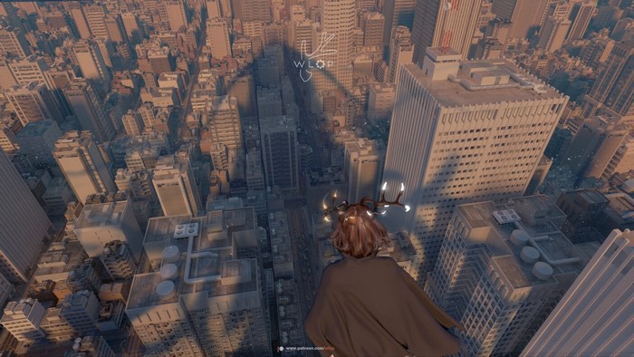 WLOP character flying over a cityscape