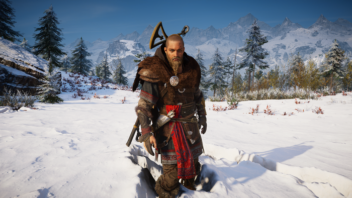 Eivor from Assassin's Creed Valhalla in a snowy landscape