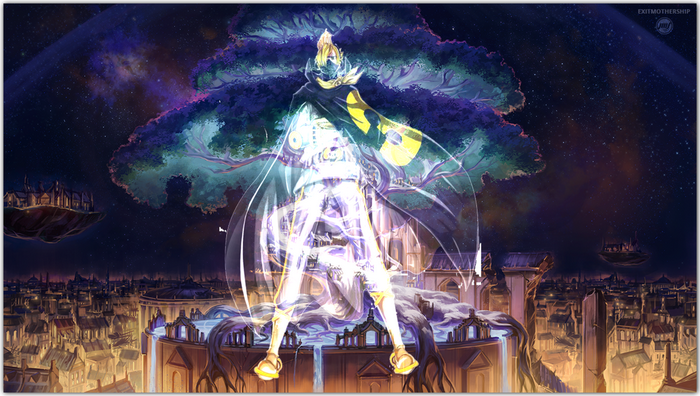Anime character with a tree and city