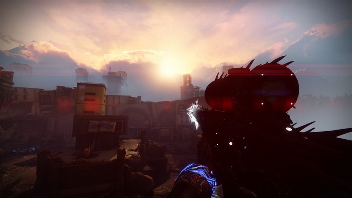 Destiny 2 screenshot of a sunset over a ruined city
