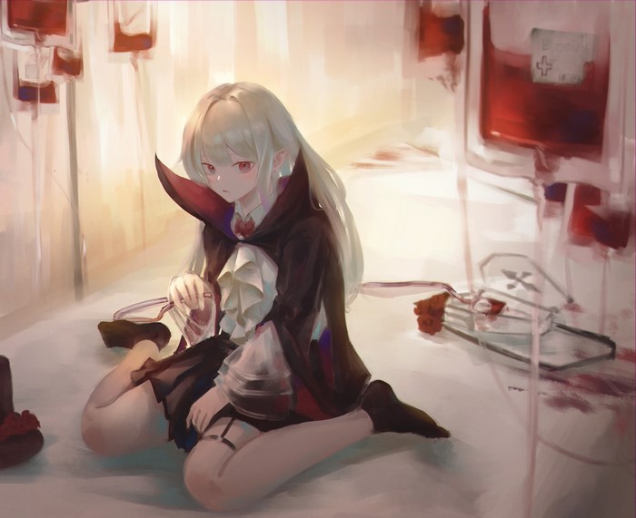 Warfarin from Arknights kneeling with IV bags