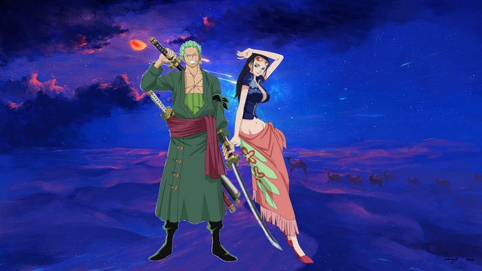 Roronoa Zoro and Nico Robin from One Piece in a desert at night