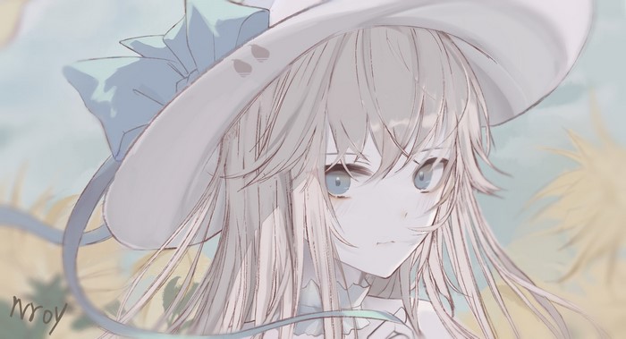 Anime girl with blue eyes wearing a white hat