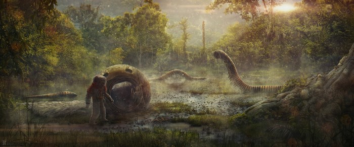 Astronaut encounters giant worms in a swamp