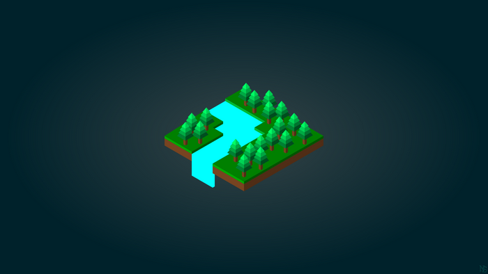 Isometric forest with a river and waterfall