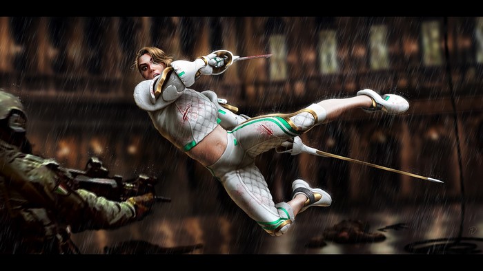 Woman fencer in white suit fighting in the rain