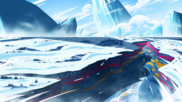 Digital art of a snowy landscape with ice mountains