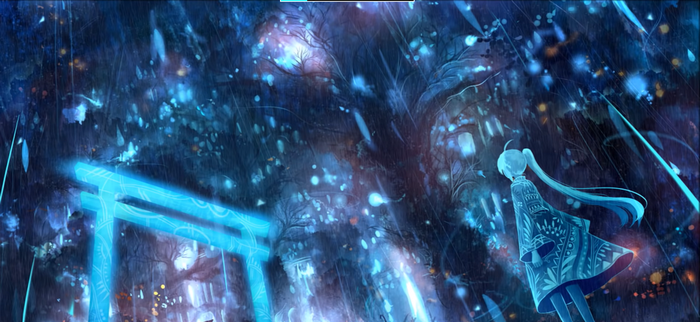 Anime girl in a blue kimono under a torii gate in the rain