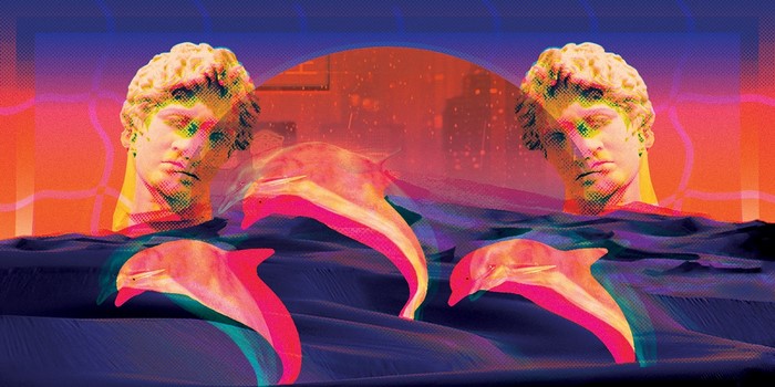 Statue of David and Dolphins in Vaporwave Style