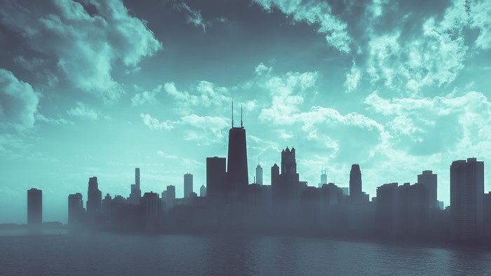 Chicago skyline in cyan and fog
