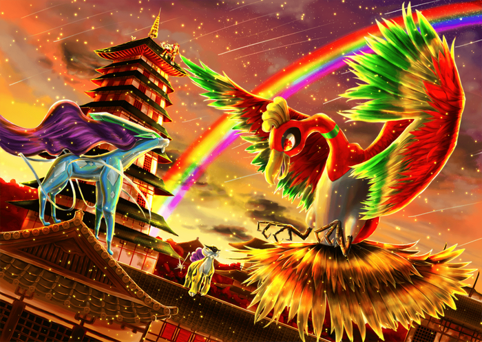 Suicune and Ho-Oh from Pokémon with Raikou