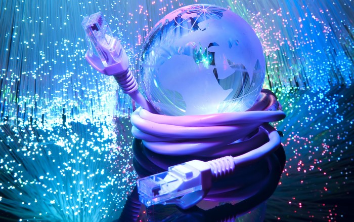 Ethernet cable wrapped around a glass globe with fiber optics
