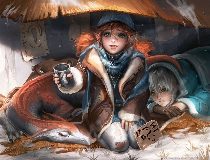 Fantasy girl with dragon and friend in winter