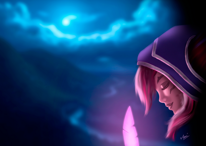 Xayah from League of Legends under the moon