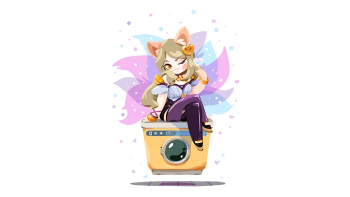 KDA Ahri from League of Legends sitting on a washing machine