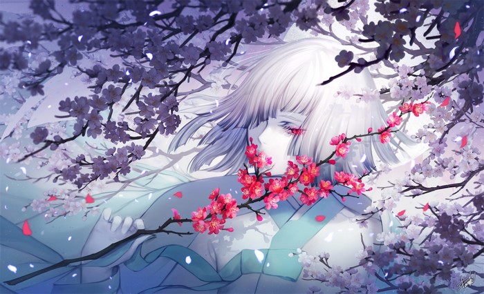 Anime girl with silver hair and red eyes among cherry blossoms