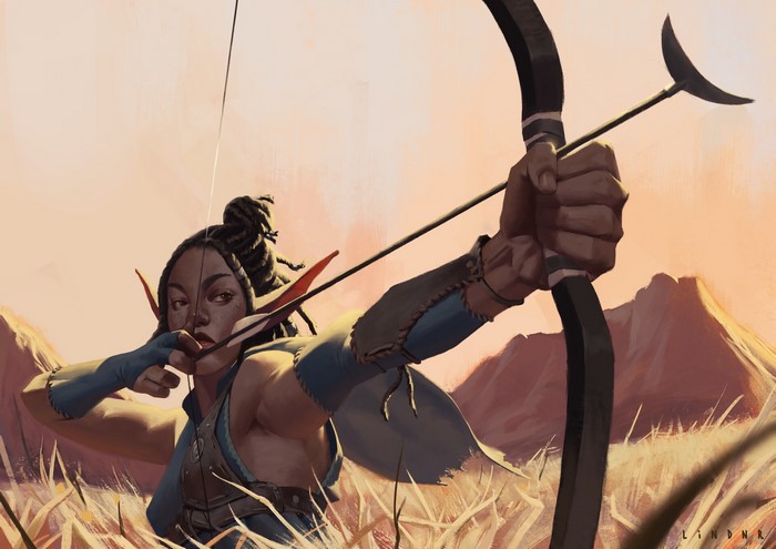Elf woman with bow and arrow aiming in a field