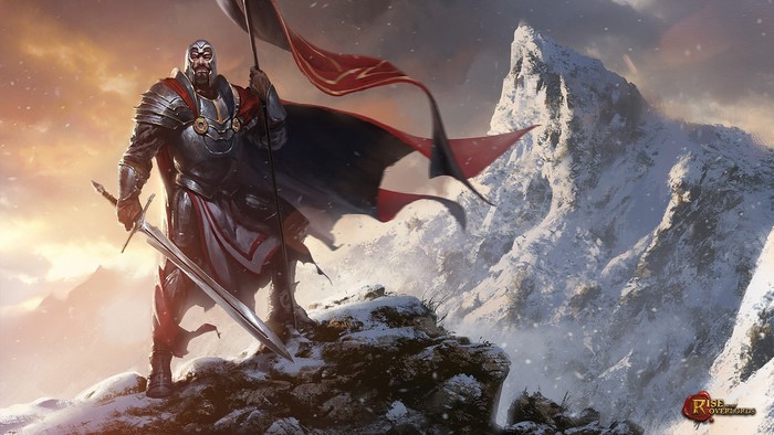 Knight with sword and flag on snowy mountain
