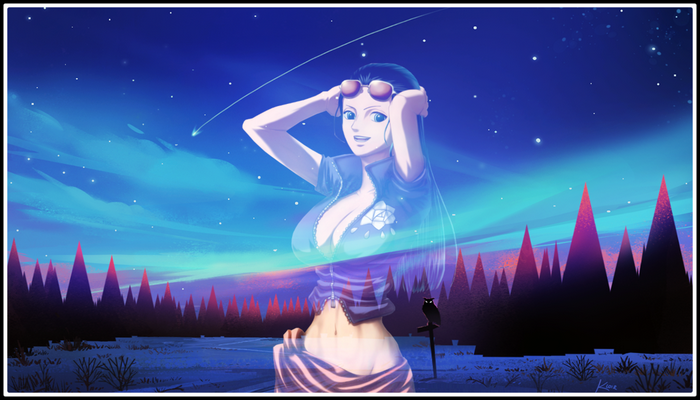 Nico Robin from One Piece in a starry night landscape