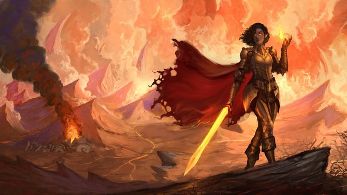 Fantasy girl with sword and cape in a fiery landscape