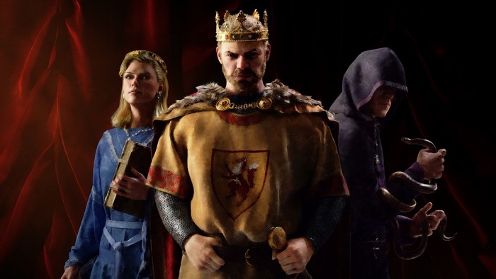 Artwork from Crusader Kings featuring a king, queen, and hooded figure