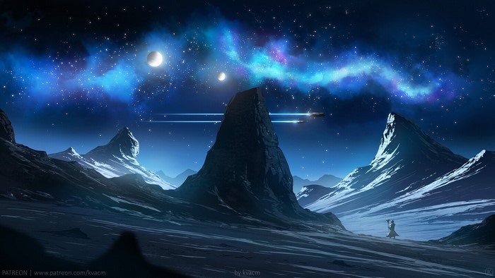 Alien landscape with nebula and spacecraft