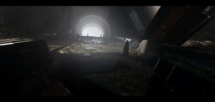 Ruined spaceship interior with glowing tunnel