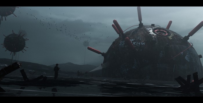 Science fiction scene with mines and soldiers