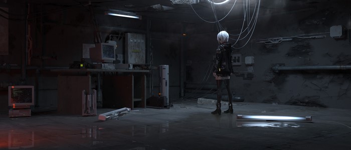 Anime girl with silver hair in a dark room
