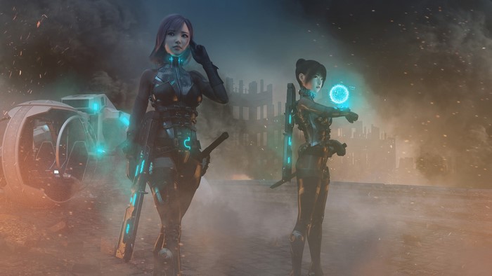 Two futuristic soldiers with weapons in a destroyed city