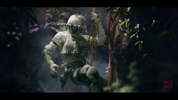 Astronaut rappelling down a vine in an alien jungle