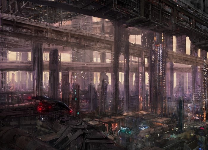 Futuristic industrial city with a spaceship