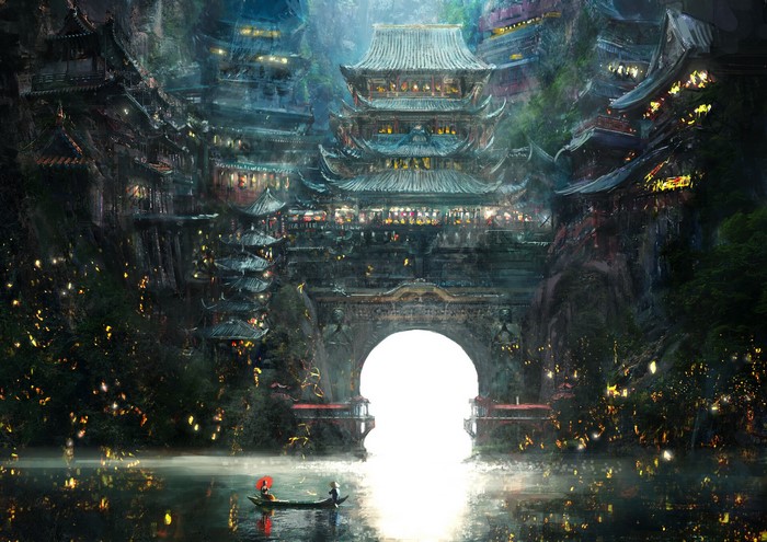 Fantasy city built into cliffs over a lake