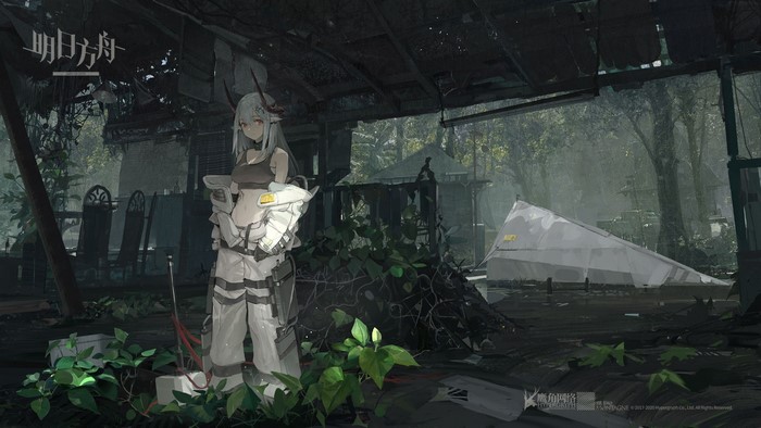 Mudrock from Arknights in a ruined environment