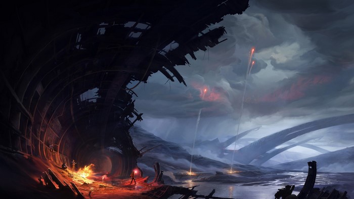 Apocalyptic science fiction landscape with ruins and fires