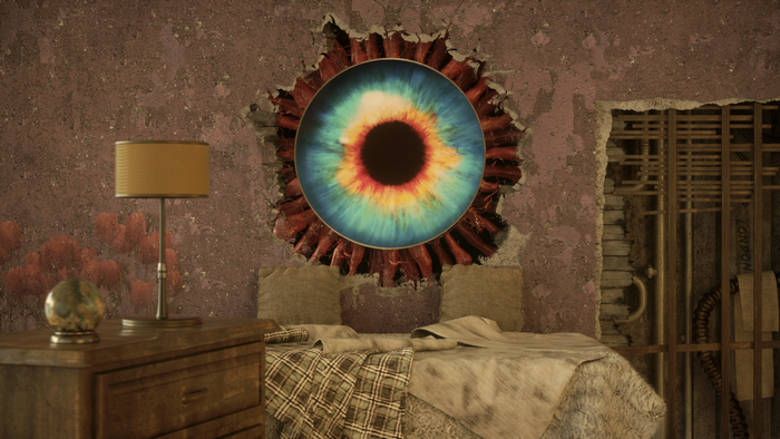 A surreal bedroom with a giant eyeball in a cracked wall