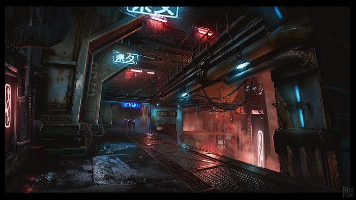 Cyberpunk industrial corridor with neon signs